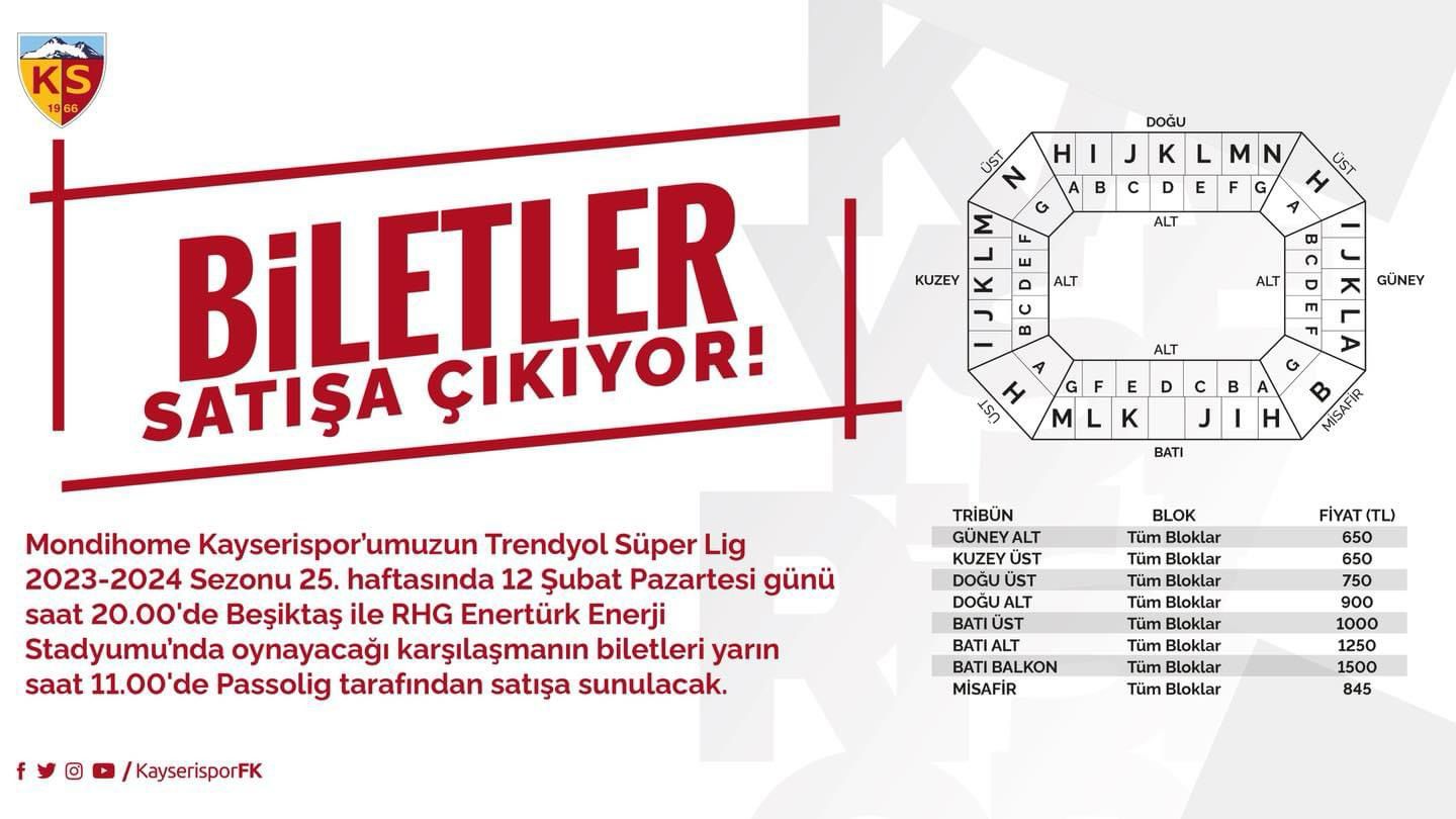 Kayserispor’un Süper Ligin 25’nci haftasında Beşiktaş’ı konuk edeceği maçın biletleri yarın satışa çıkacak.