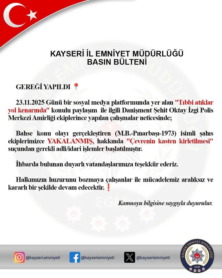 Kayseri’de Tıbbi Atık Rezaletine Anında Müdahale! Çevreyi Kirleten Şahıs Yakalandı — haber görseli