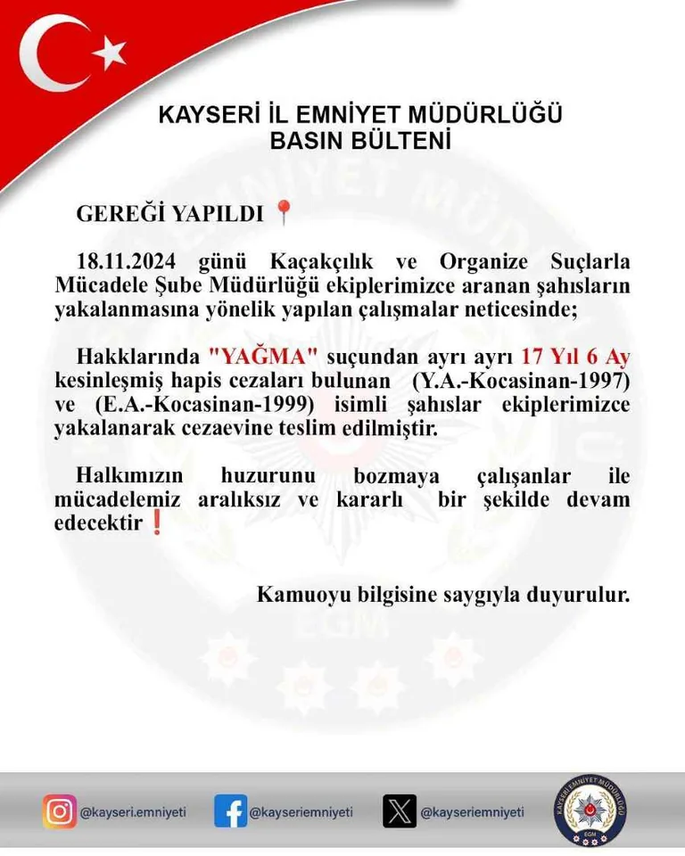 Kayseri'de 17 Yıl 6 Ay Hapis Cezalı Yağma Suçluları Yakalandı — haber görseli