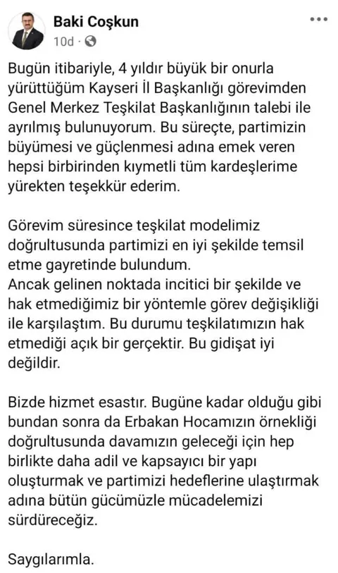 Saadet Partisi Kayseri İl Başkanı Baki Coşkun, görevinden ayrıldı — haber görseli