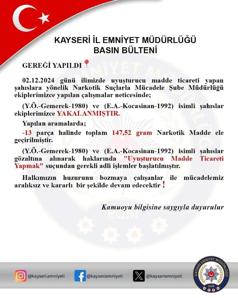 Kayseri Polisinden Huzur Operasyonu! Uyuşturucu Tacirlerine Geçit Yok: 2 Gözaltı — haber görseli