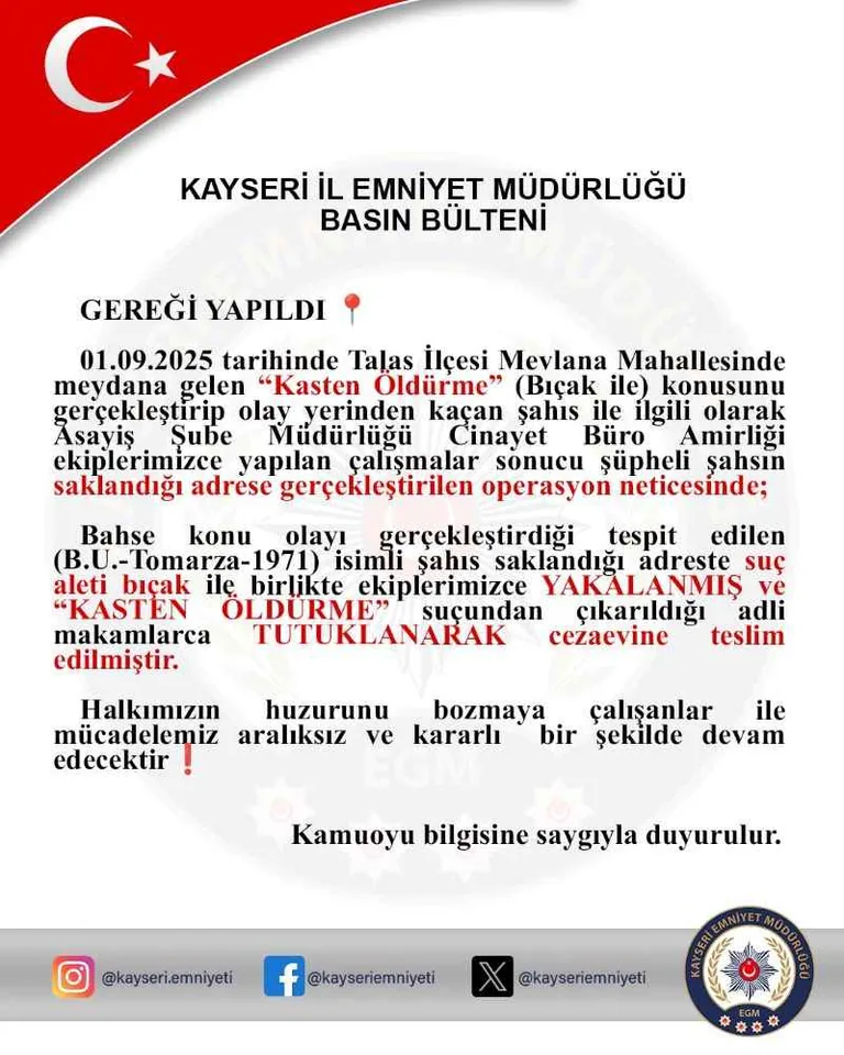 Talas'ta Cinayet! Tomarzalı Zanlı Suç Aleti İle Yakalandı — haber görseli