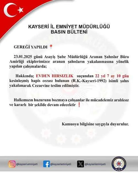 Kayseri'de 22 Yıl Hapis Cezasıyla Aranan Hırsız Yakalandı! — haber görseli