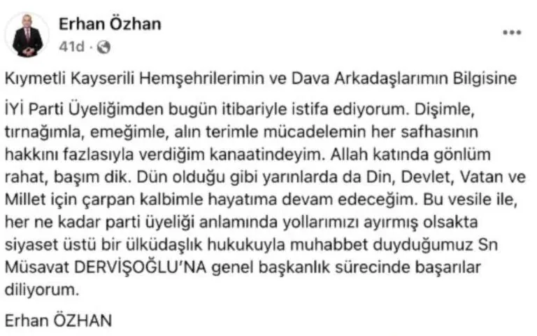 İYİ Parti’de Sürpriz İstifa: Bünyan Belediye Başkan Adayı Erhan Özhan İstifa Etti — haber görseli