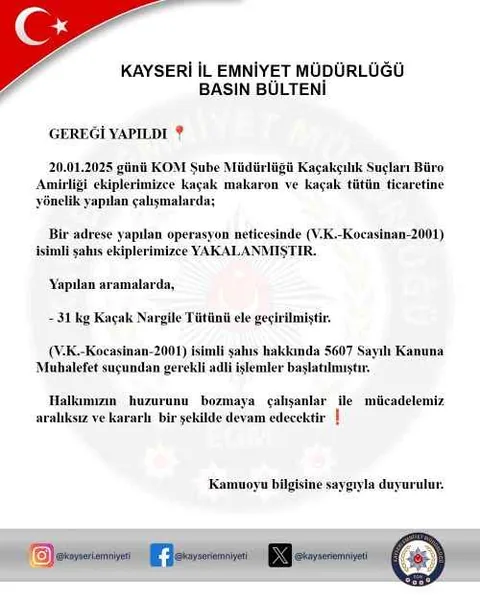 Kayseri'de Kaçakçılık Operasyonu: 31 Kilo Nargile Tütünü Ele Geçirildi — haber görseli