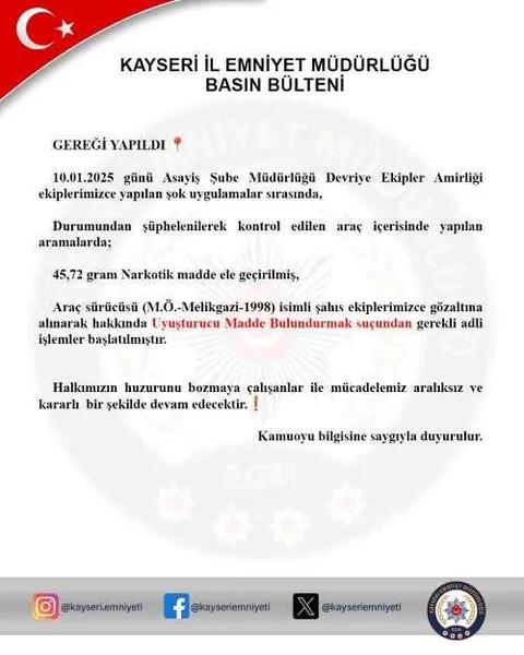 Kayseri’de Şüpheli Araçta Yapılan Aramada, Uyuşturucu Madde Ele Geçirildi — haber görseli