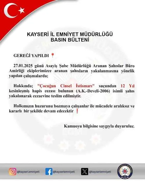 Cinsel İstismar Suçundan 12 Yıl Hapis Cezası Bulunan Şahıs, Kayseri'de Yakalandı — haber görseli