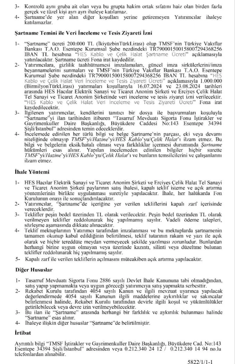 Hes Kablo, Erciyes Çelik Halat ve Boyçelik Metal 22 milyar lira muhammen bedelle satışa çıktı — haber görseli