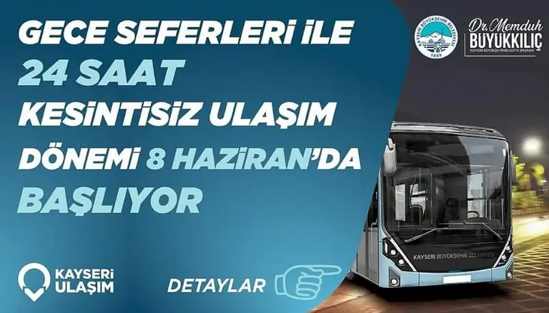 Kayseri'de Kesintisiz 24 Saat Toplu Taşıma Hizmeti 8 Haziran'da Başlıyor — haber görseli