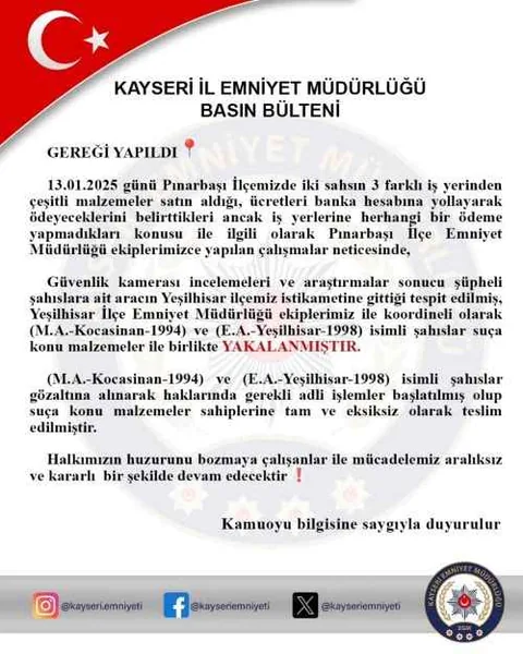 Pınarbaşı'dan Yeşilhisar’a Uzanan Dolandırıcılık Operasyonu: 2 Gözaltı — haber görseli