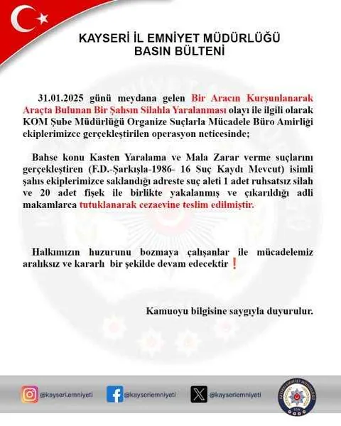 Kayseri'de Araç Kurşunlandı:1 Kişi Yaralandı! 16 Suç Kaydı Bulunan Zanlı Yakalandı — haber görseli