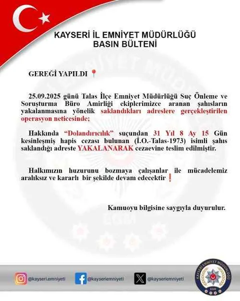 Kayseri’de 31 Yıl Hapis Cezası Bulunan Dolandırıcı Yakalandı — haber görseli