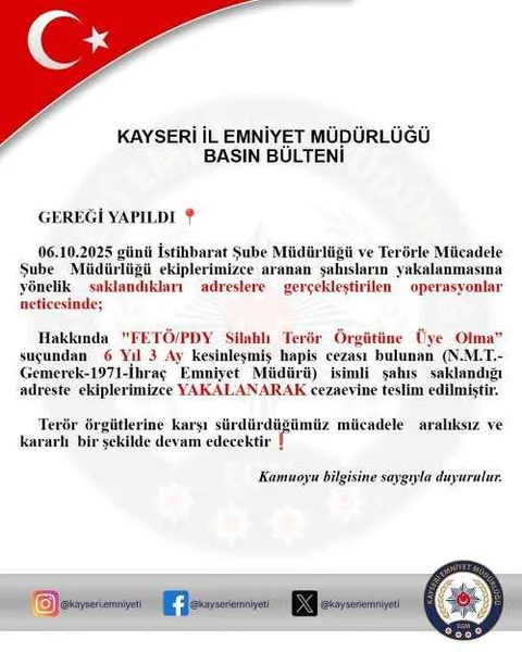 Flaş! FETÖ Üyesi Eski Emniyet Müdürü Kayseri'de Yakalandı — haber görseli