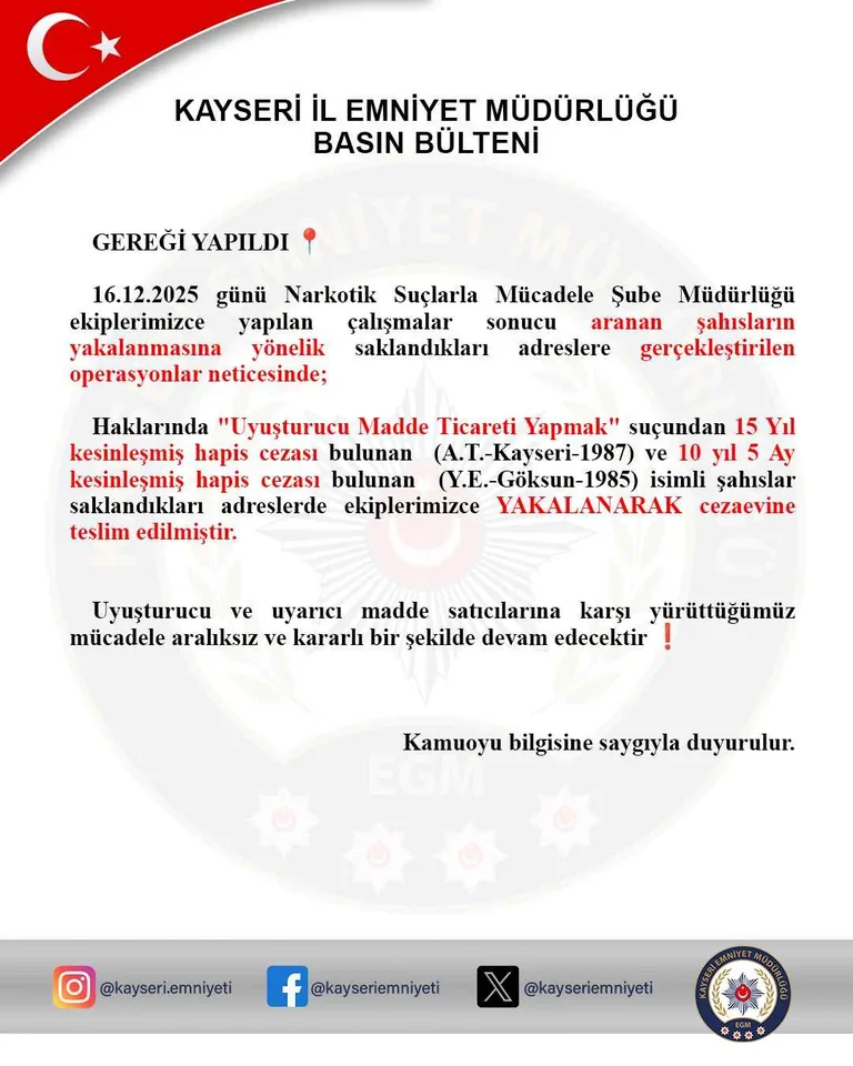 Zehir Tacirlerine Darbe: Kayseri Polisi Firarileri Tek Tek Topladı — haber görseli