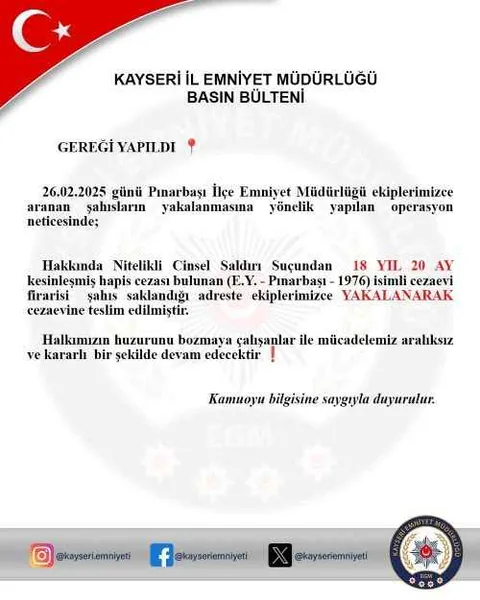 Pınarbaşı'da Cinsel Saldırı Suçundan 18 Yıl Hükümlü Firari, Yakalandı — haber görseli