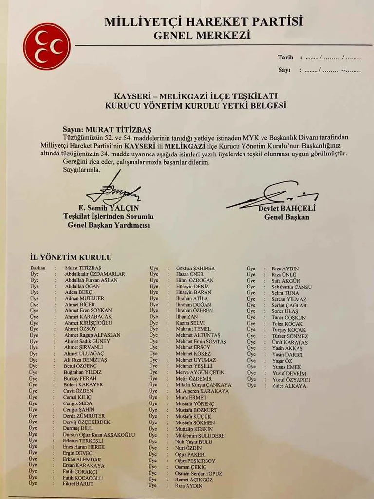 MHP Kayseri İl Teşkilatında Yeni Yönetim Kurulları Onaylandı — haber görseli