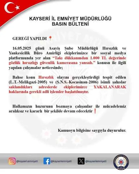 Kayseri'de hırsızlık anı kameralara yansıdı! Takı Dükkanından Gözlük Çalan 2 Şüpheli Kıskıvrak Yakalandı — haber görseli