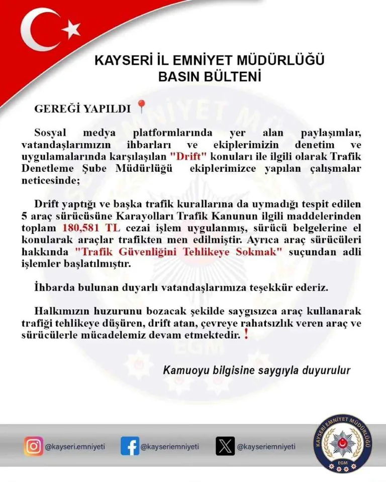 Kayseri'de Drift Yapan Sürücüler Trafikten Men Edildi! İşte Detaylar — haber görseli