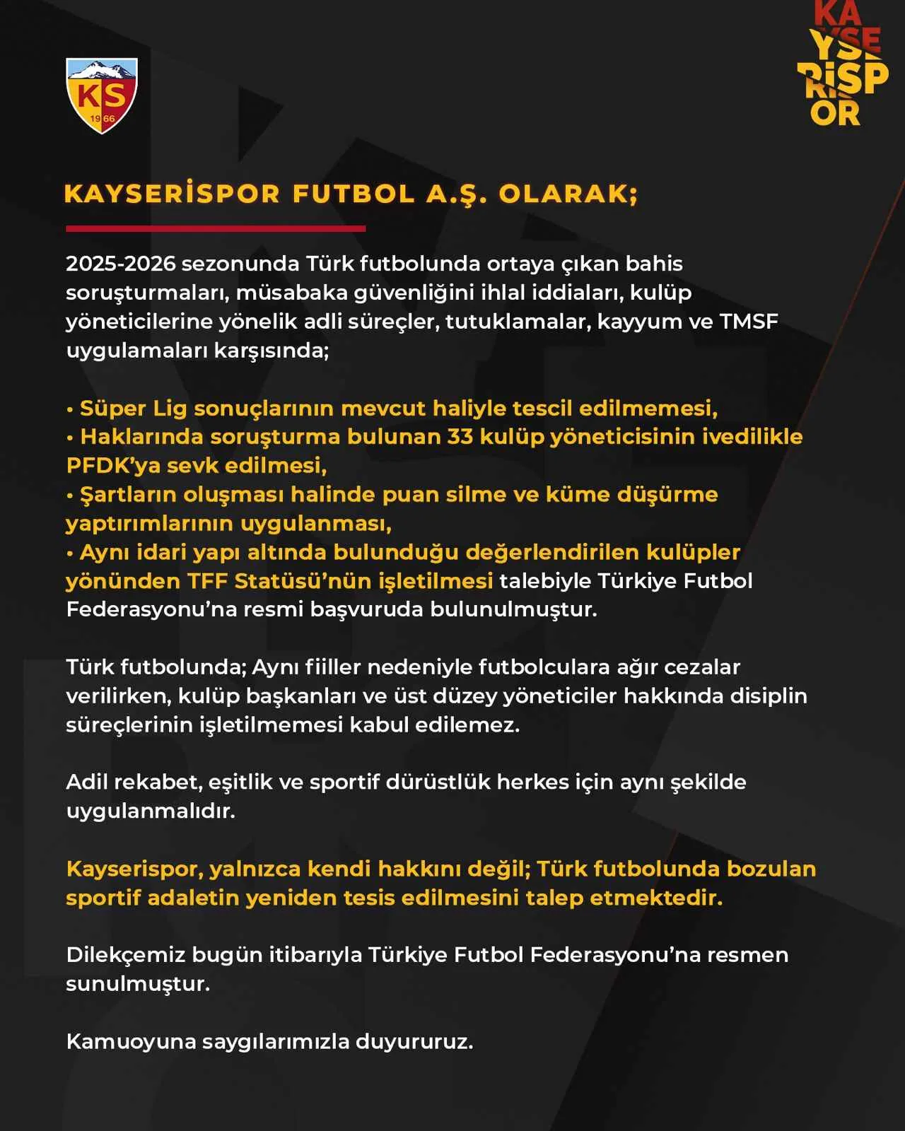 Kayserispor’dan 33 Kulüp Yöneticisinin PFDK’ya Sevki İçin Başvuru — haber görseli