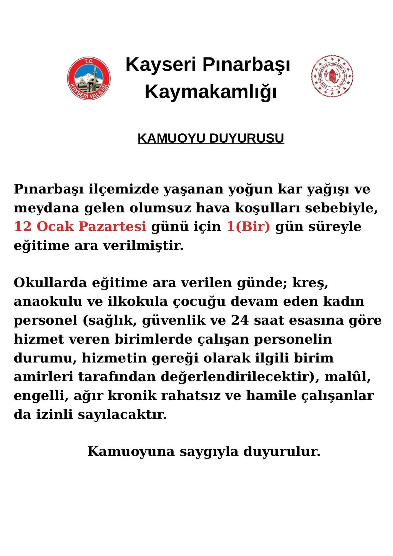 Kayseri’de Kar Tatili: Pınarbaşı ve Sarız’da Eğitime 1 Gün Ara — haber görseli