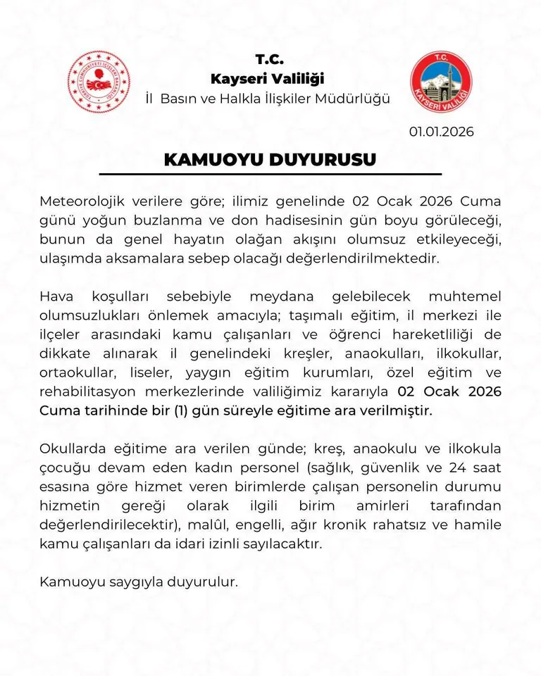 Kayseri’de Okullara Kar Tatili: 2 Ocak’ta Eğitime 1 Gün Ara — haber görseli