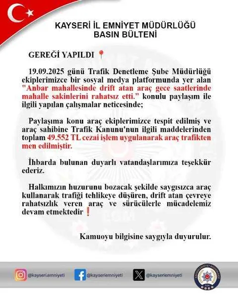 Kayseri Ambar Mahallesi’nde Drift Çılgınlığı Pahalıya Patladı: 49 Bin TL Ceza — haber görseli