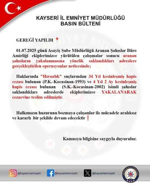 Kayseri’de Hırsızlık Suçundan Aranan 2 Kadın Yakalandı: 34 Yıl Hapis Cezası — haber görseli