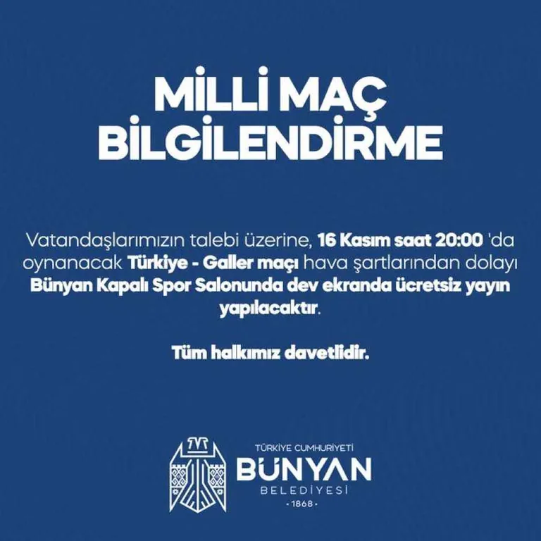 Bünyan'da Türkiye - Galler Maçı Kapalı Spor Salonunda Ücretsiz Yayınlanacak! — haber görseli