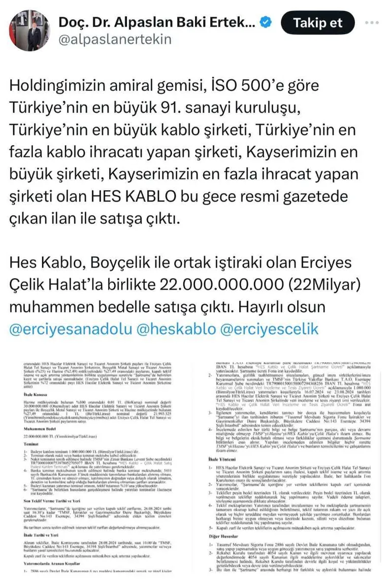 Hes Kablo, Erciyes Çelik Halat ve Boyçelik Metal 22 milyar lira muhammen bedelle satışa çıktı — haber görseli