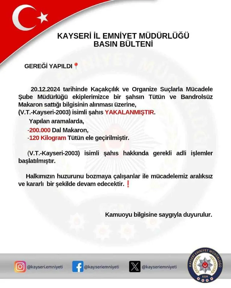 Kayseri'de Bandrolsüz Tütün ve Makaron Satışı Yapan Şahıs Yakalandı — haber görseli