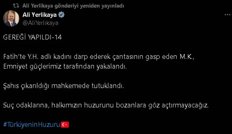 Bakan Yerlikaya'dan Fatih'teki gaspçıyla ilgili açıklama: Gereği yapıldı — haber görseli
