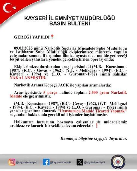Nefes Kesen Operasyon: İl Dışından Kayseri'ye Uyuşturucu Sevkiyatı: 5 Gözaltı — haber görseli