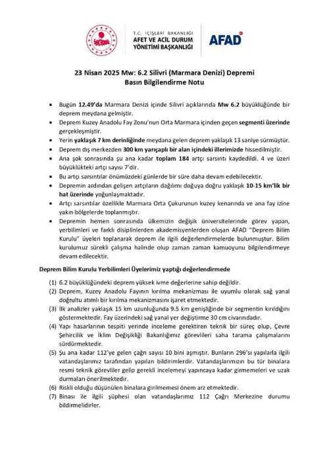 AFAD'dan 6.2 Büyüklüğündeki Silivri Depremi Hakkında Kritik Açıklama — haber görseli