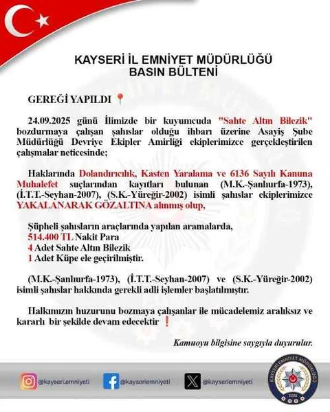 Kayseri'de Sahte Altınları Bozdurmak İsteyen 3 Kişi Yakalandı — haber görseli
