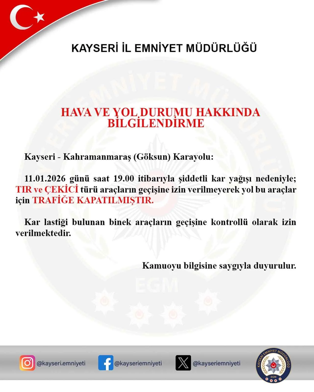 Kayseri’de Kar Alarmı! Pınarbaşı–Göksun karayolu TIR ve çekicilere kapatıldı — haber görseli