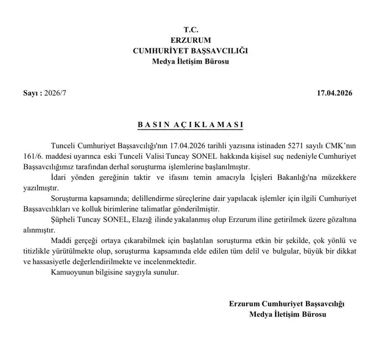Eski Tunceli Valisi Tuncay Sonel gözaltına alındı — haber görseli