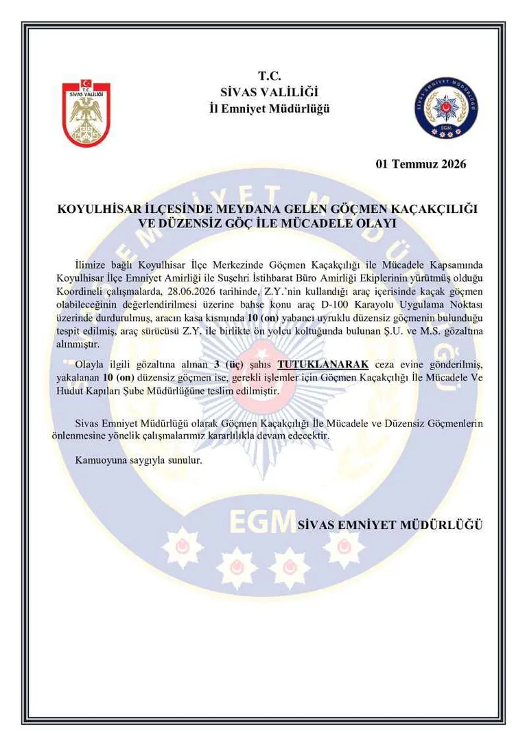 Sivas'ta Kamyon Kasasında 10 Kaçak Göçmen Yakalandı! 3 Tutuklama — haber görseli