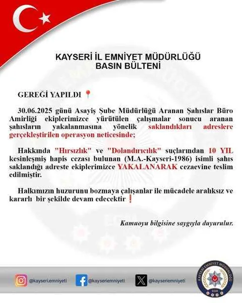 Kayseri'de 10 Yıl Hapis Cezası Bulunan Firari Yakalandı — haber görseli