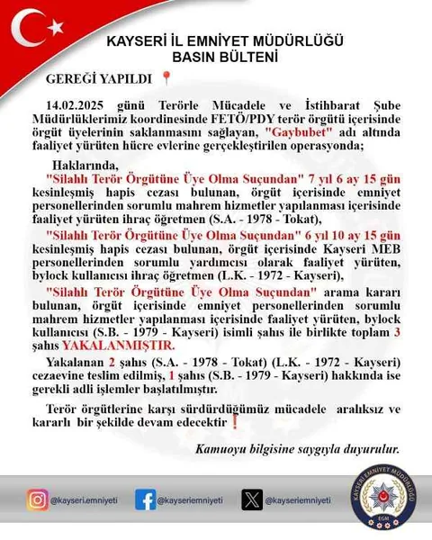 FETÖ'nün 'Gaybubet' Hücre Evlerine Kayseri'de Baskın: Emniyet ve Eğitim Sorumlusu 3 Şahıs Yakalandı — haber görseli