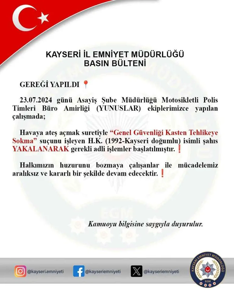 Kayseri'de Havaya Ateş Eden Şahıs Yakalandı: Adli İşlem Başlatıldı! — haber görseli