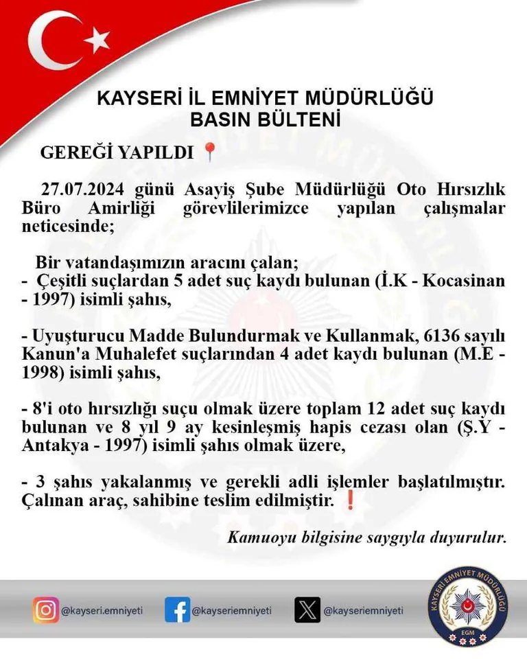 Kayseri Emniyeti İş Başında! Çeşitli suçlardan aranan 3 Şahıs yakalandı — haber görseli