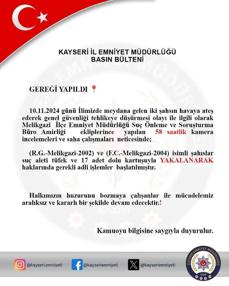 Kayseri’de 58 Saatlik Kamera Takibi: Havaya Ateş Açan 2 Şüpheli Yakalandı! — haber görseli