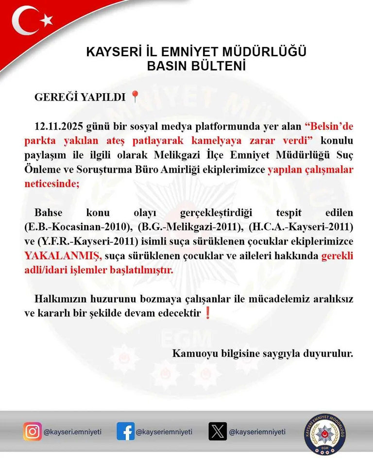 Belsin’de Kamelyayı Yakan 4 Çocuk Yakalandı! Aileleri hakkında Yasal İşlem Başlatıldı — haber görseli