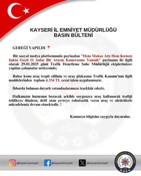 KAYSERİ'DE MAKAS ATIP KIRMIZI IŞIKTA GEÇEN ARACA 4.334 TL CEZA! — haber görseli