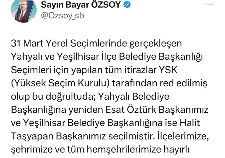 YSK, Yahyalı ve Yeşilhisar'daki Seçim İtirazlarını Reddetti! AK Parti Milletvekili Özsoy'dan YSK Kararı Açıklaması — haber görseli