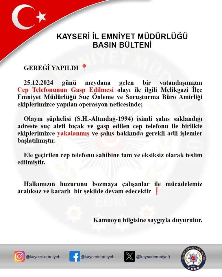  KAYSERİ'DE GASP OPERASYONU: Çaldığı Telefonla Yakalandı — haber görseli