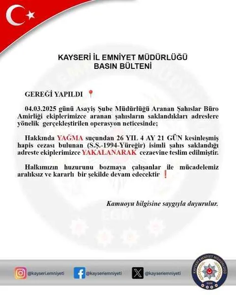 Kayseri’de Yağma Suçundan 26 Yıl 4 Ay Hapis Cezası Bulunan Şahıs Yakalandı! — haber görseli