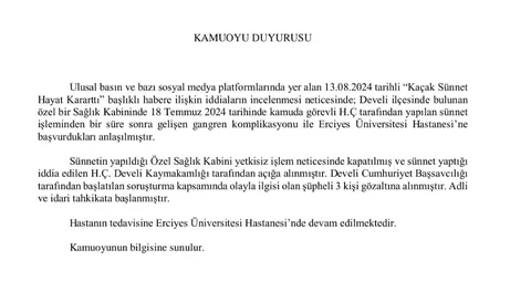 Develi’de Sünnet Skandalı! Valilikten Açıklama: Sağlık Kabini Kapatıldı, Şüpheliler Gözaltında! — haber görseli
