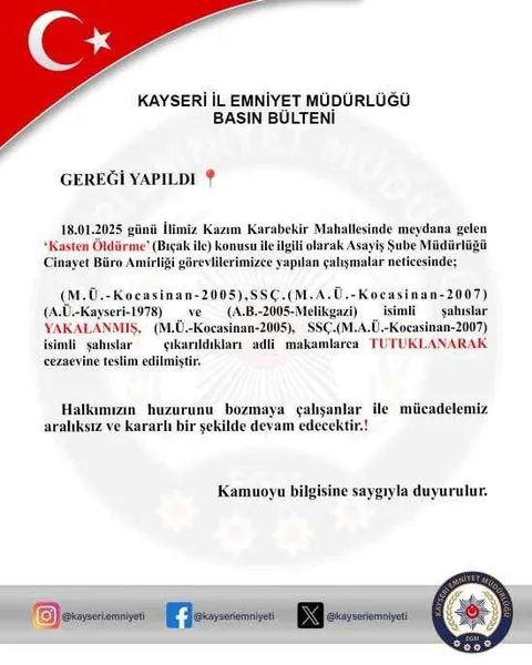Kayseri'de Bıçaklı Cinayet! 4 Şüpheli Yakalandı, 2'si Tutuklandı — haber görseli