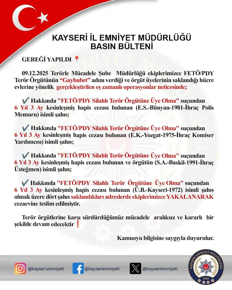 KAYSERİ’DE FETÖ’NÜN “GAYBUBET” EVLERİNE OPERASYON: 4 KİŞİ YAKALANDI — haber görseli